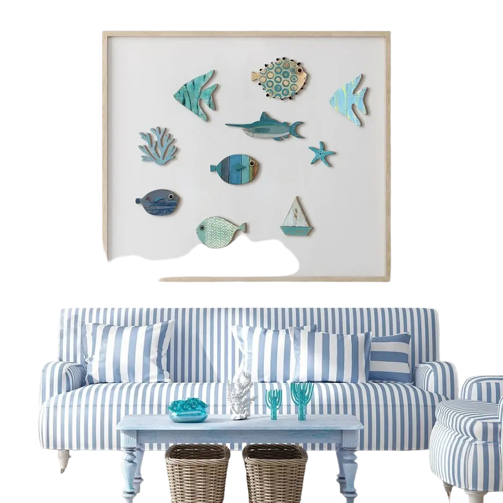 A framed coastal style art wooden ocean wall decor featuring teal and blue painted fish coral and starfish designs