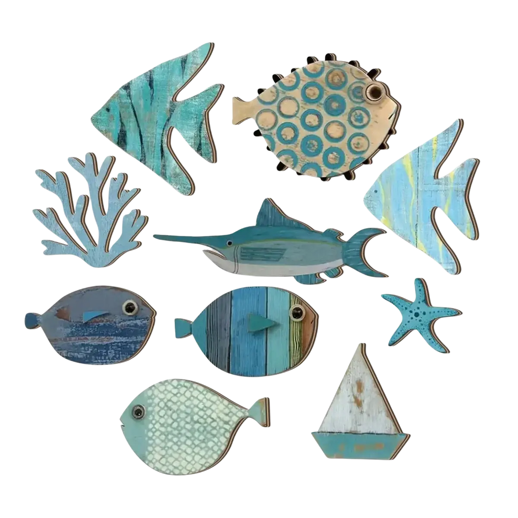 Set of rustic blue and teal painted wooden ocean wall decor featuring fish coral starfish and sailboat coastal style art