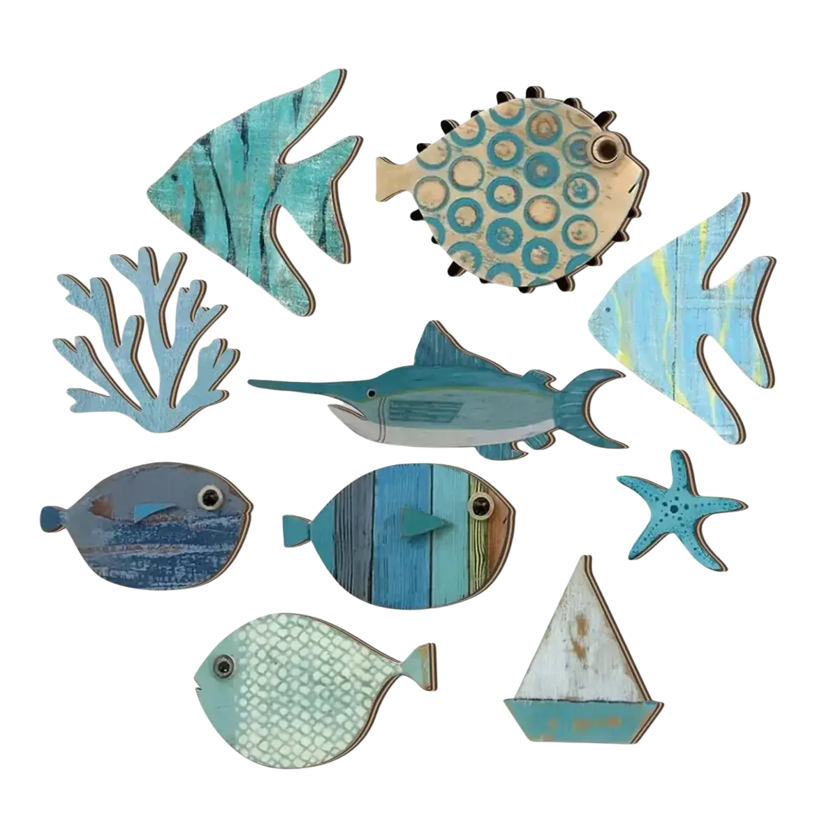 Set of rustic blue and teal painted wooden ocean wall decor featuring fish coral starfish and sailboat coastal style art