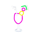 Vibrant neon sign shaped like a cocktail glass with pink outline, white straw, yellow lemon slice, and green cherry garnish