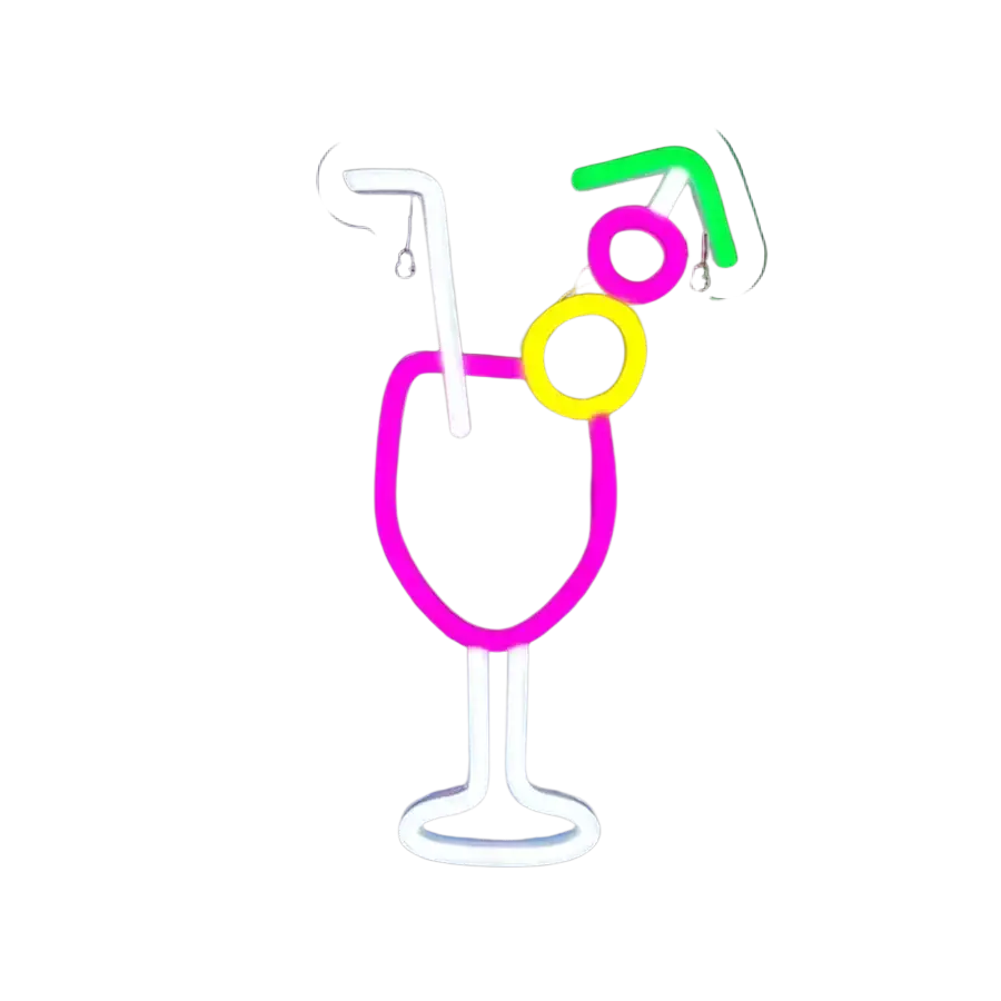 Vibrant neon sign shaped like a cocktail glass with pink outline, white straw, yellow lemon slice, and green cherry garnish