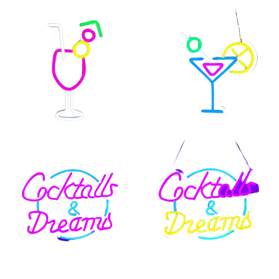 Vibrant neon sign with colorful cocktail-themed designs and glowing cocktails and dreams lettering for bar decor