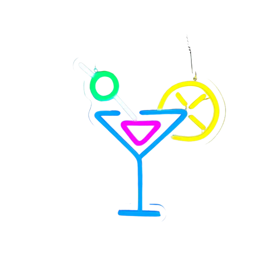 Cocktails and dreams neon sign with vibrant blue base pink triangle green and white stirrer and yellow lemon slice