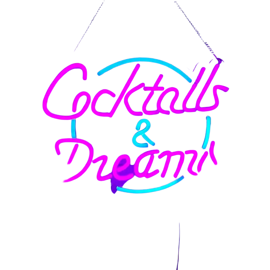 Cocktails and dreams neon sign with vibrant pink and cyan tubing glowing against a dark tiled wall