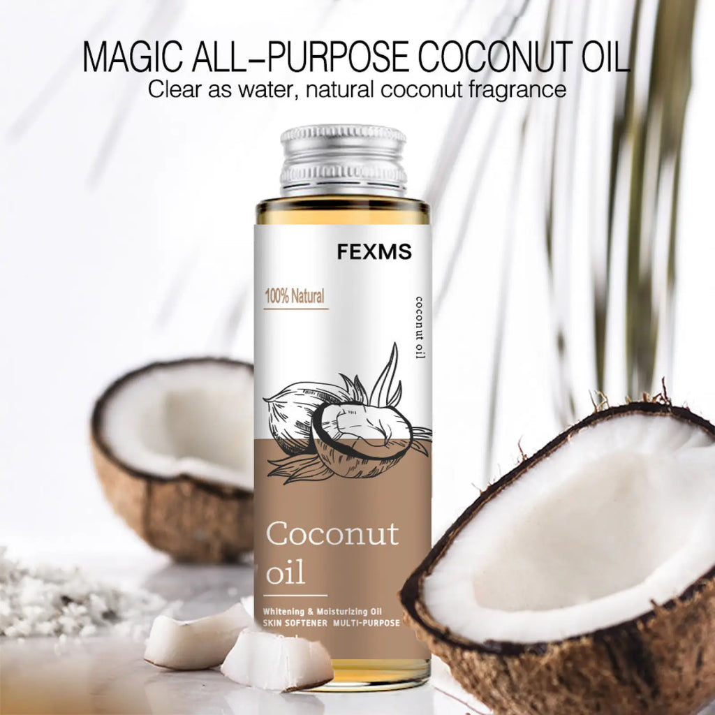 A clear glass bottle of fexms coconut essential oil 100ml with silver screw cap and white label with coconut illustrations