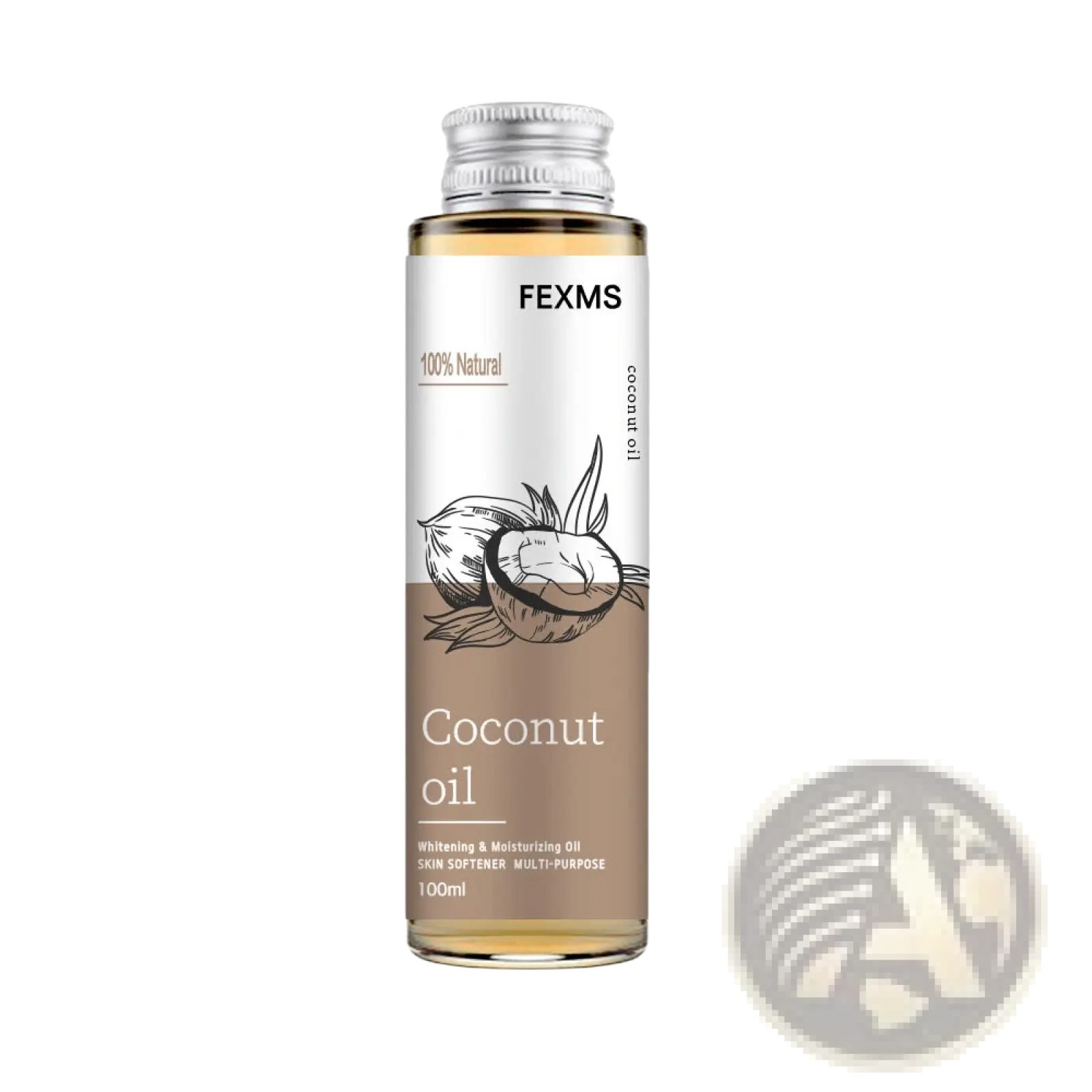 A sleek 100ml glass bottle of fexms coconut essential oil with silver screw-top cap and beige white coconut label