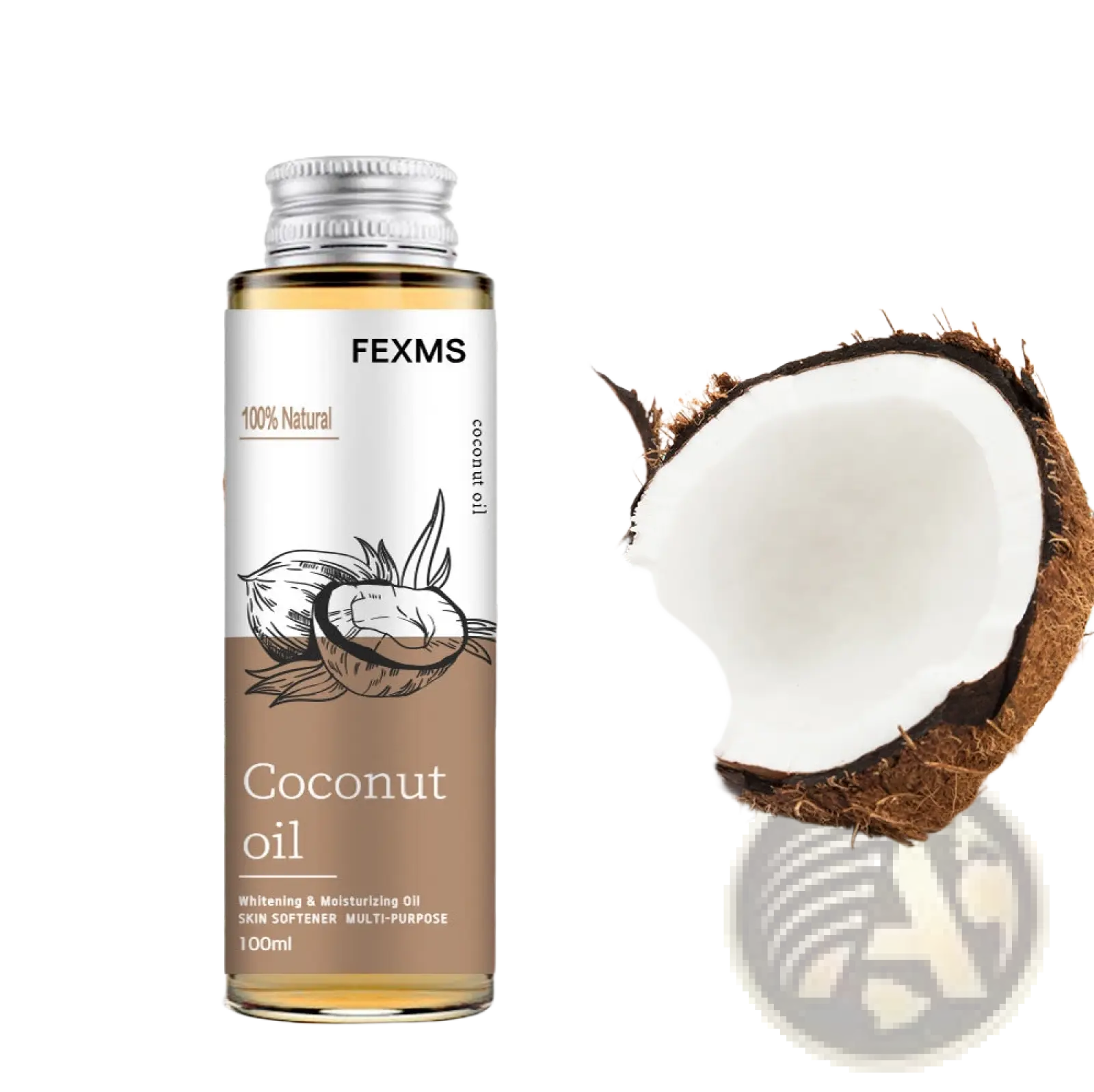 A clear glass bottle of fexms coconut essential oil 100ml for skin massage with a silver screw-top cap and coconut illustration