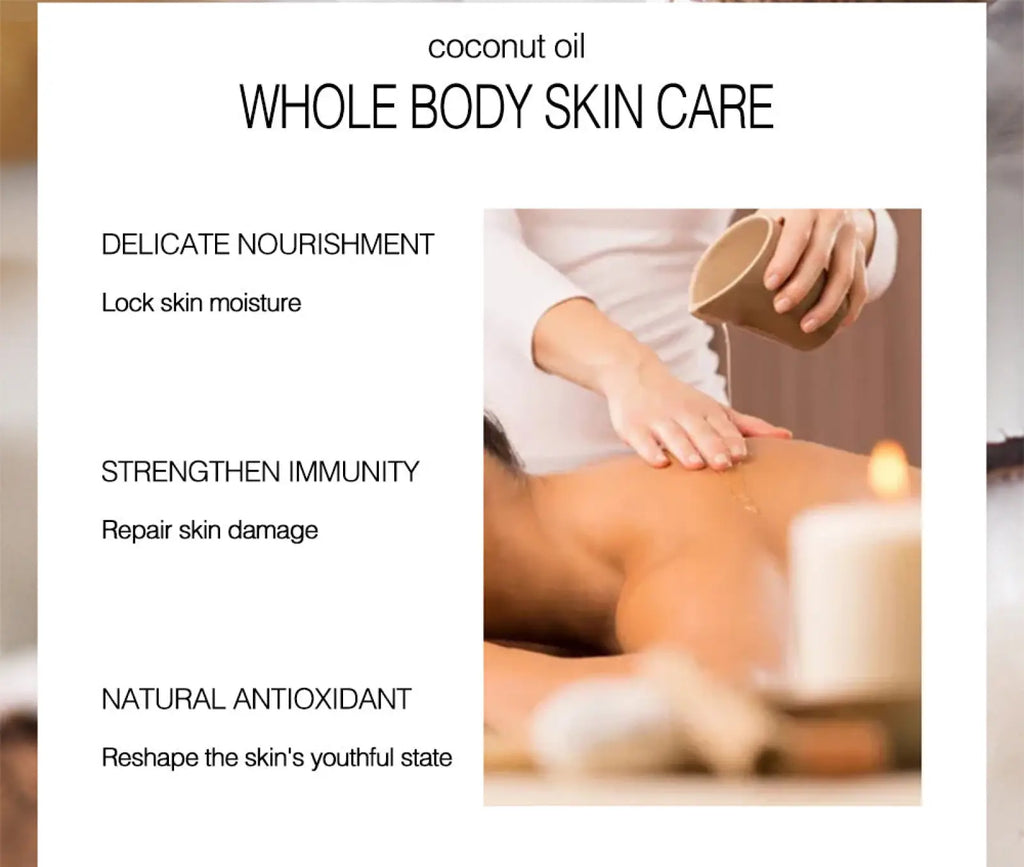 Coconut essential oil 100ml skin massage glass bottle pouring beige ceramic cup coconut oil on skin for full body care