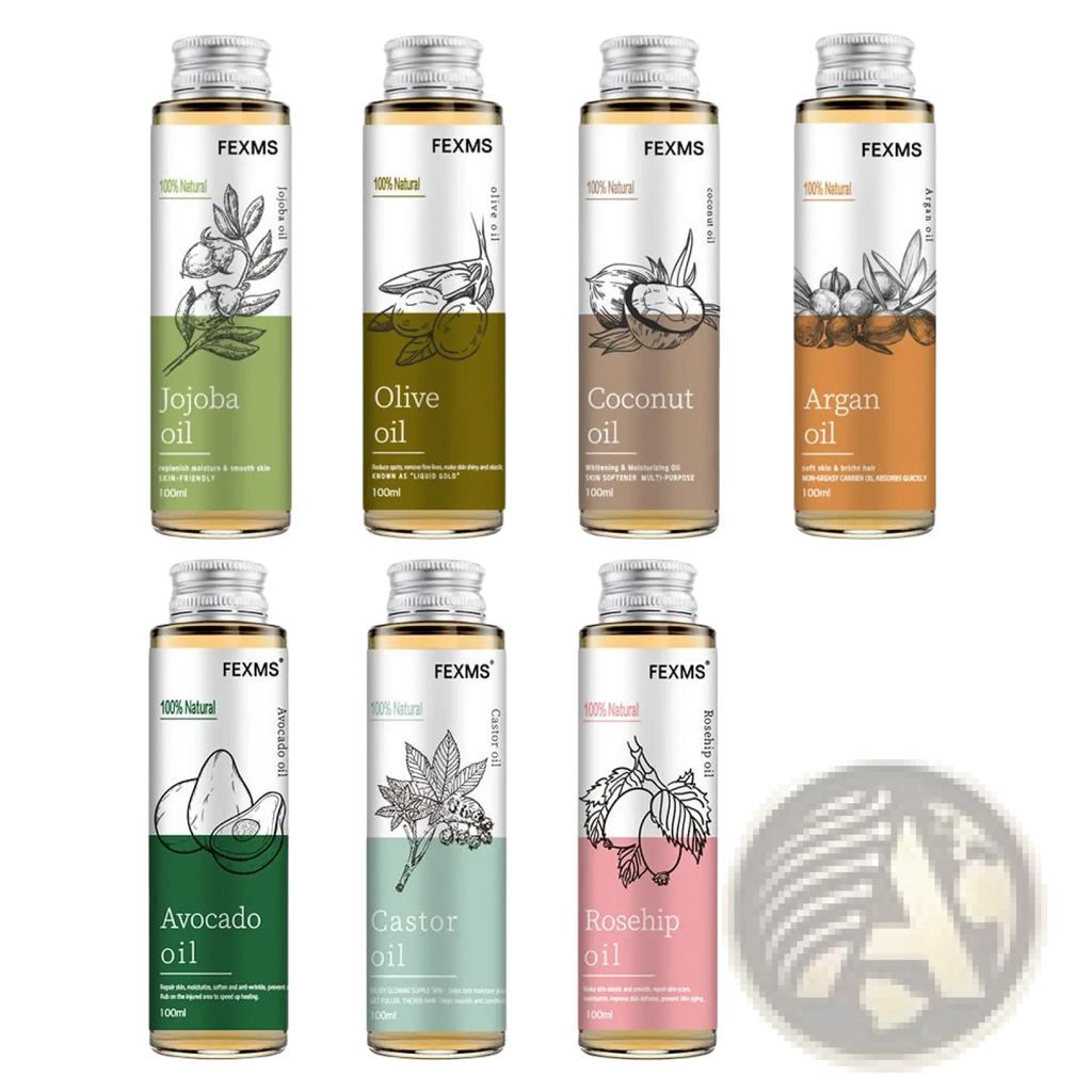 Set of six 100% natural essential oil bottles with silver caps and clear glass showcasing colored oils for skin massage