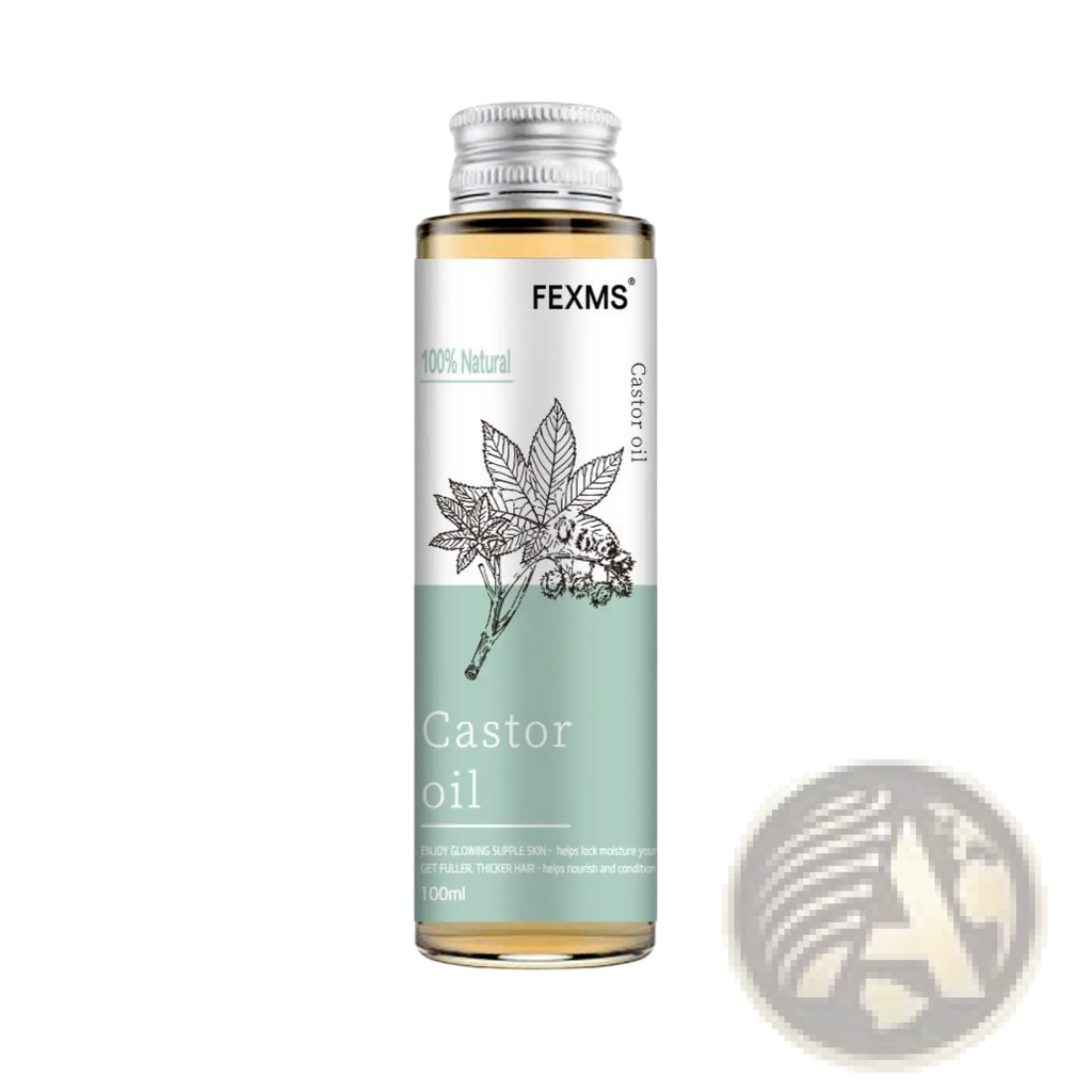 Fexms brand coconut essential oil 100ml glass bottle with silver cap and botanical label for skin massage
