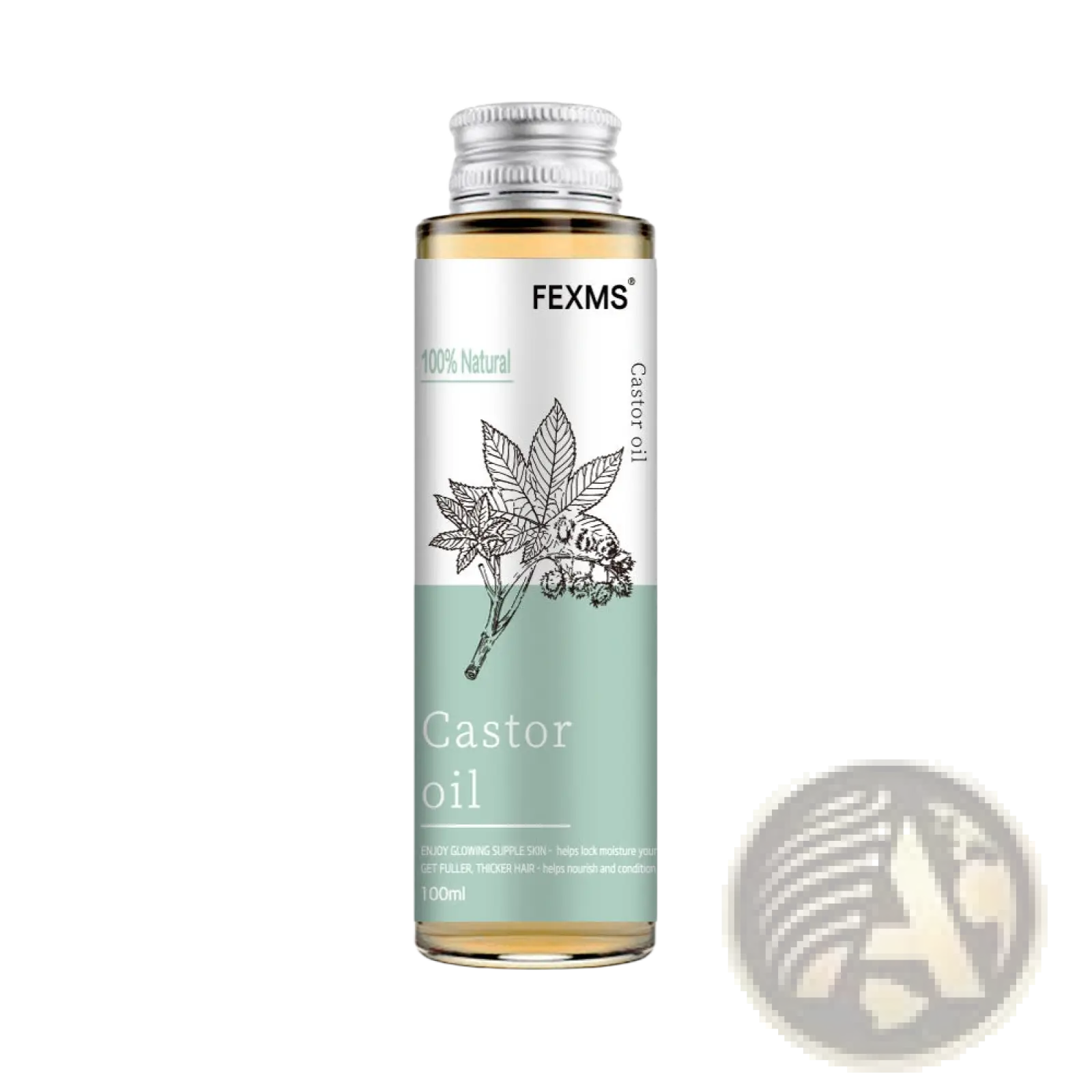 Fexms brand coconut essential oil 100ml glass bottle with silver cap and botanical label for skin massage