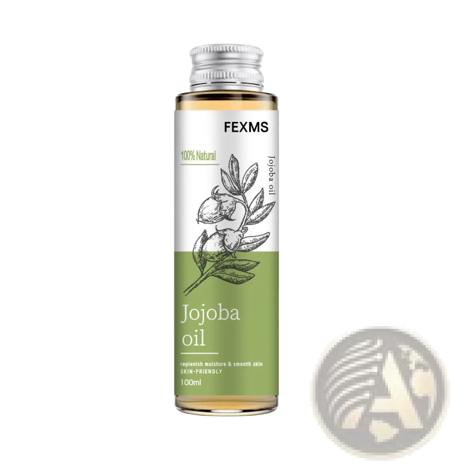 Fexms jojoba oil 100ml glass bottle with silver cap and green botanical label for skin massage use