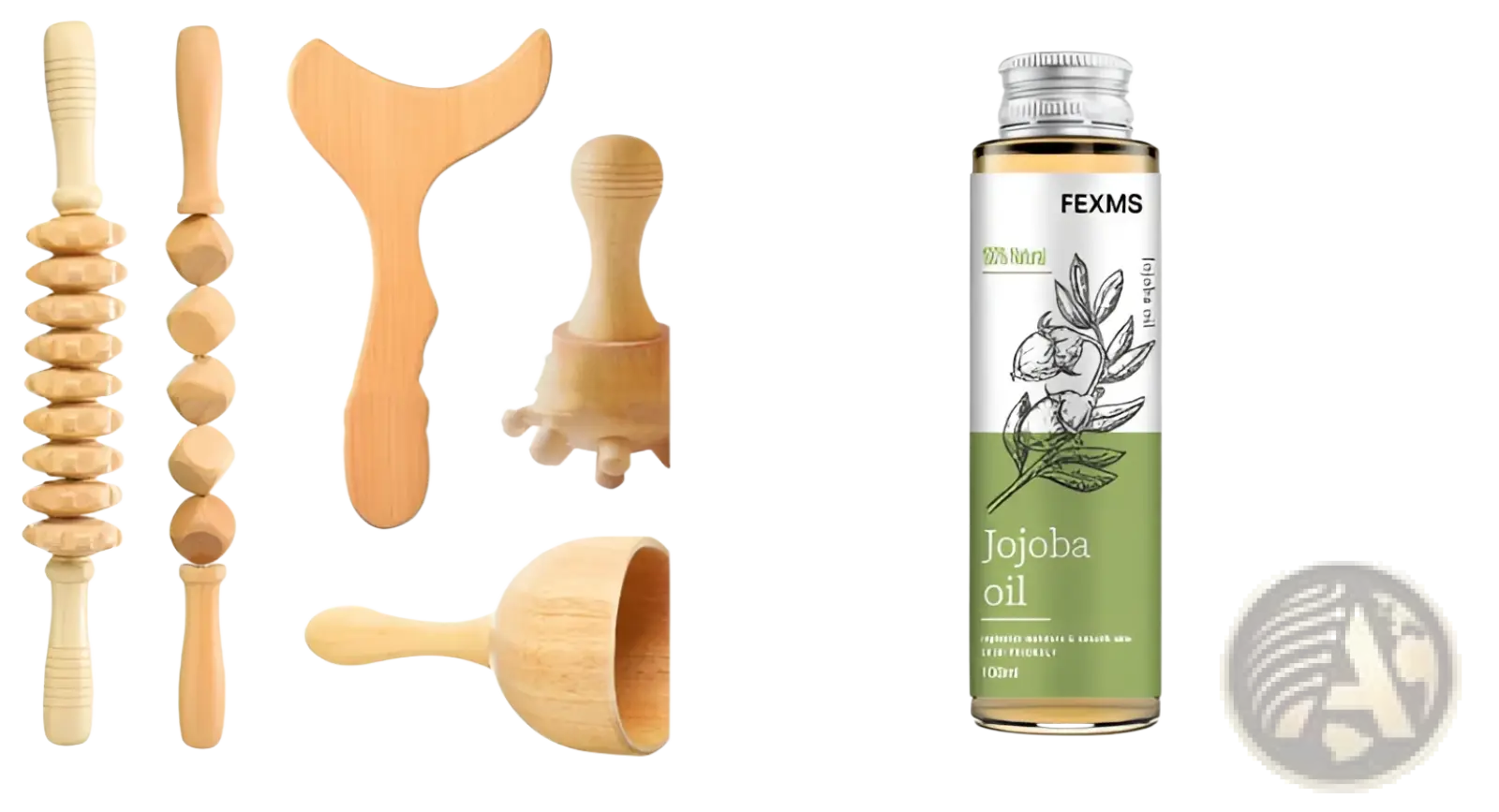 Fexms jojoba oil in a clear glass bottle with silver cap and green label for coconut essential oil skin massage