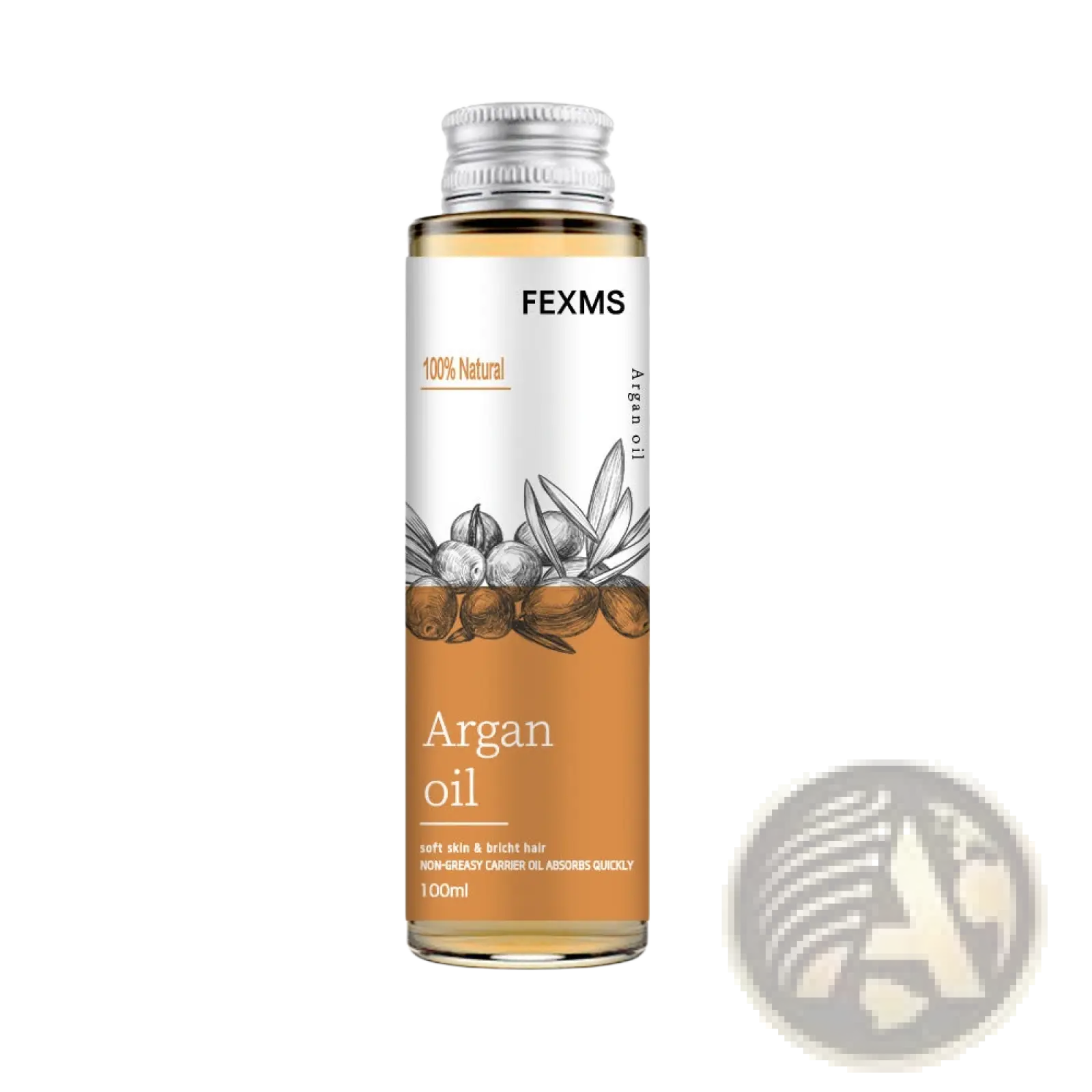 A sleek 100ml transparent glass bottle of Fexms argan oil with silver cap and orange botanical label for skin massage