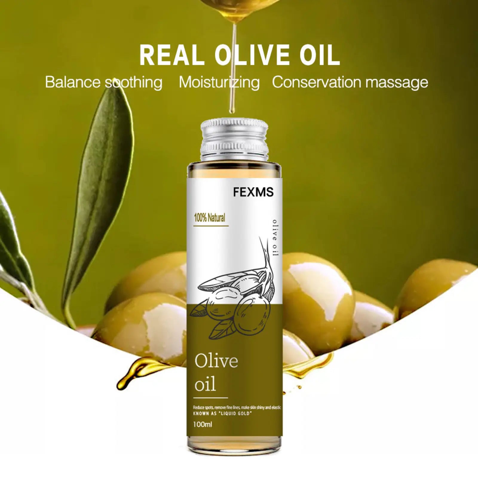 A clear glass bottle of fexms coconut essential oil 100ml with a silver cap and green and white label for skin massage