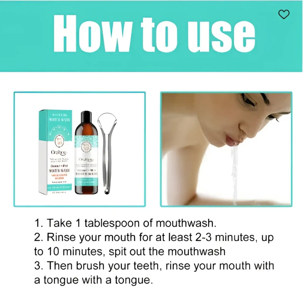 A 50ml amber glass bottle of oracare gentle mint coconut mint mouthwash for teeth whitening oral care