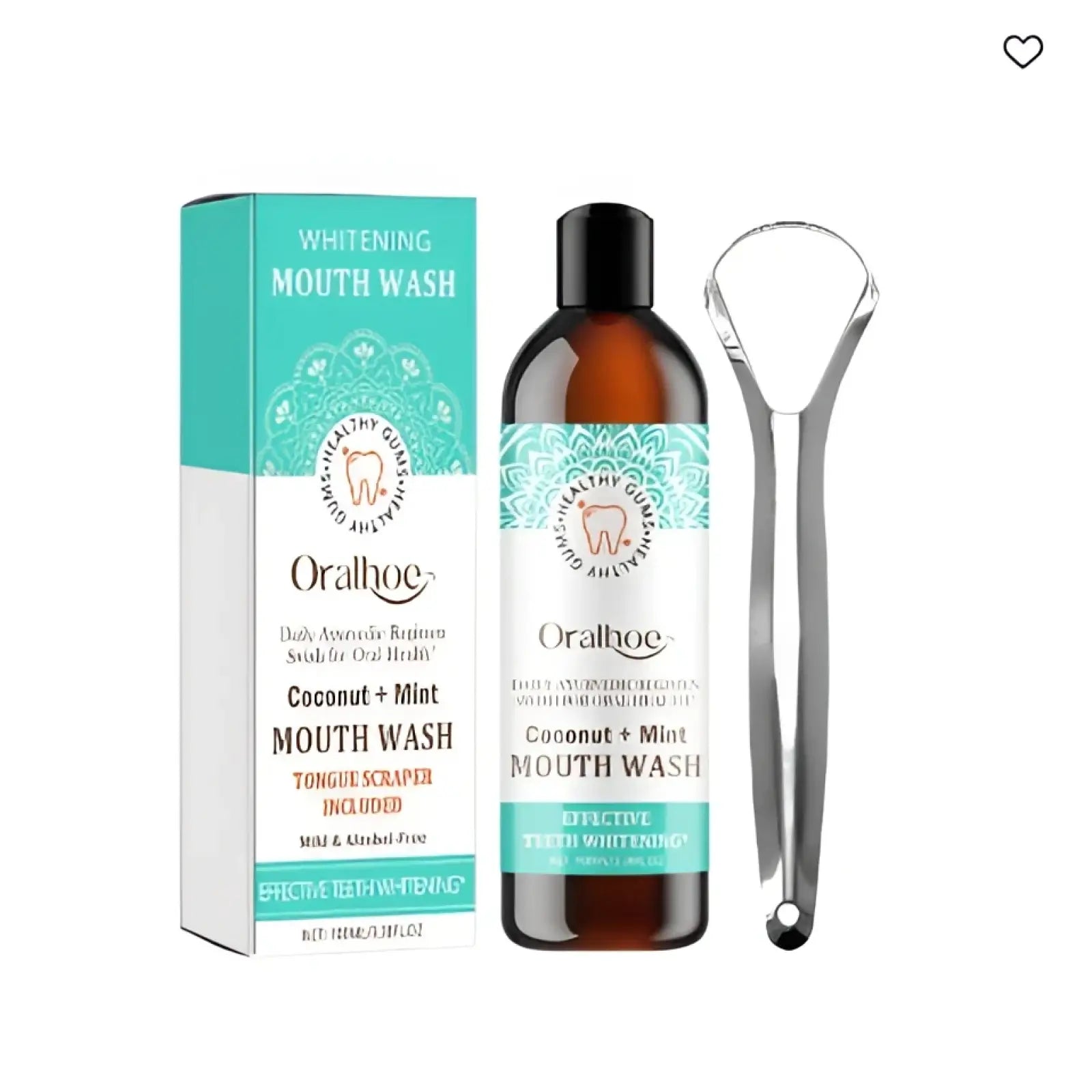 Oral-b coconut mint mouthwash teeth whitening oral care 50ml in a sleek amber bottle with teal packaging and tongue scraper