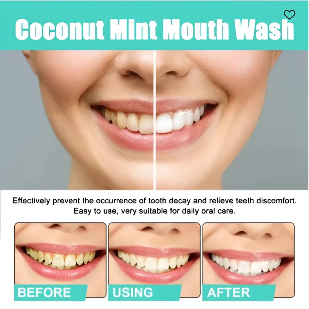 Coconut mint mouthwash in a clear bottle with white cap highlighting refreshing flavor and teeth whitening benefits