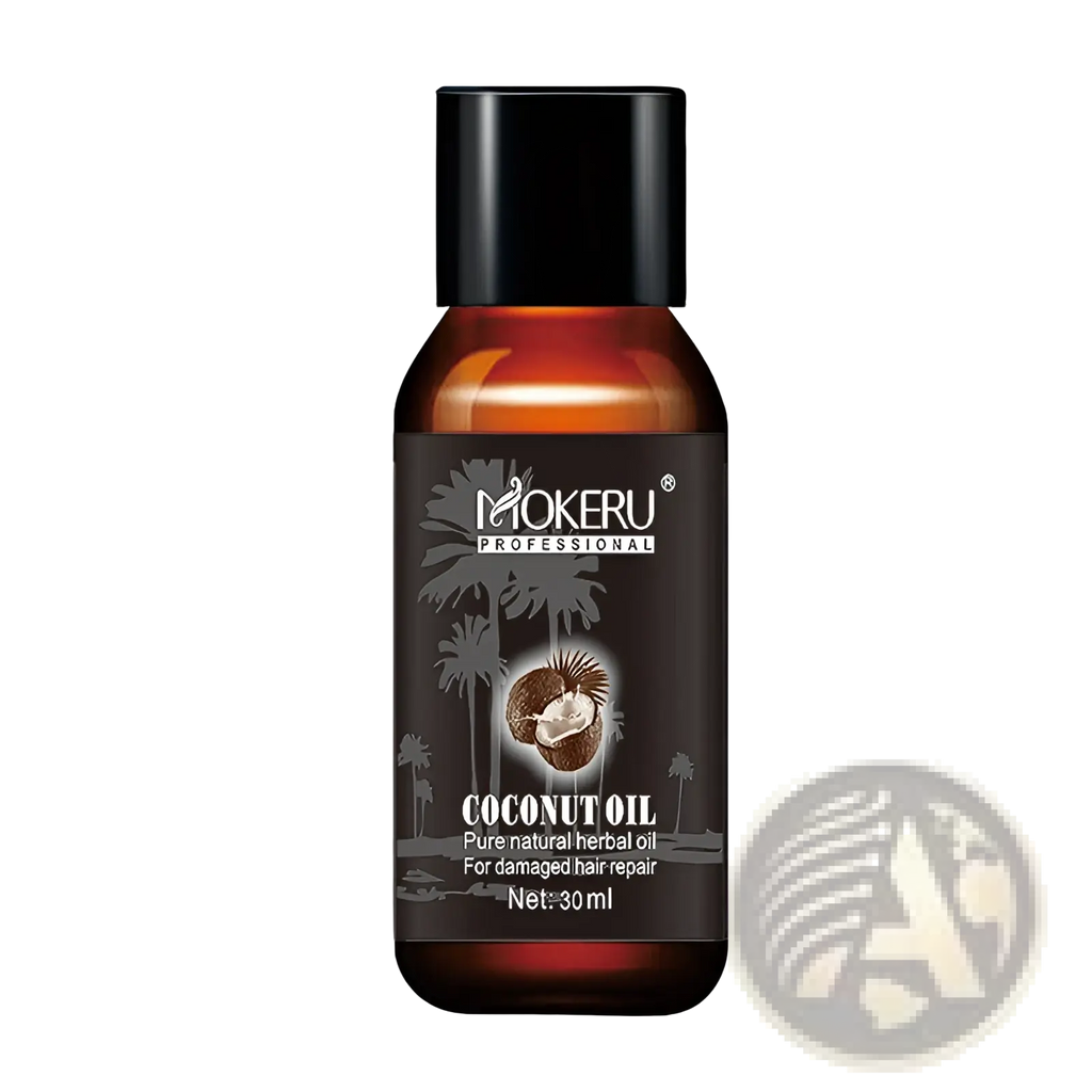 A dark amber glass bottle of mokeru professional coconut oil hair repair serum for frizz and damage 30ml