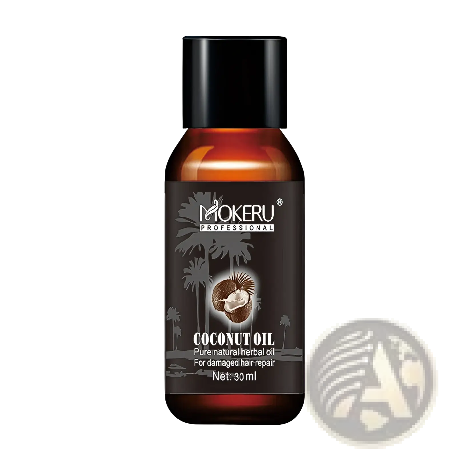 A dark amber glass bottle of mokeru professional coconut oil hair repair serum for frizz and damage 30ml