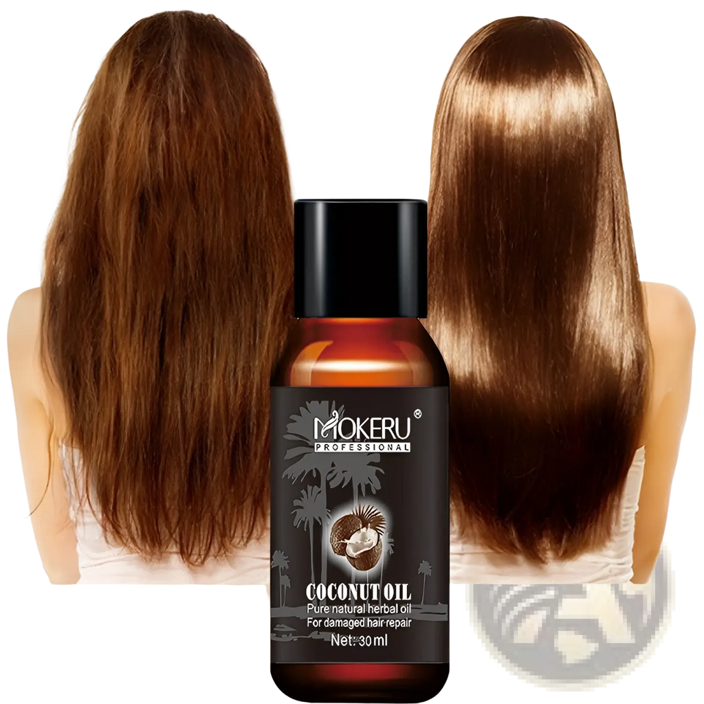 A sleek amber glass bottle of mokeru professional coconut oil hair repair serum for frizz and damage 30ml with black cap and label