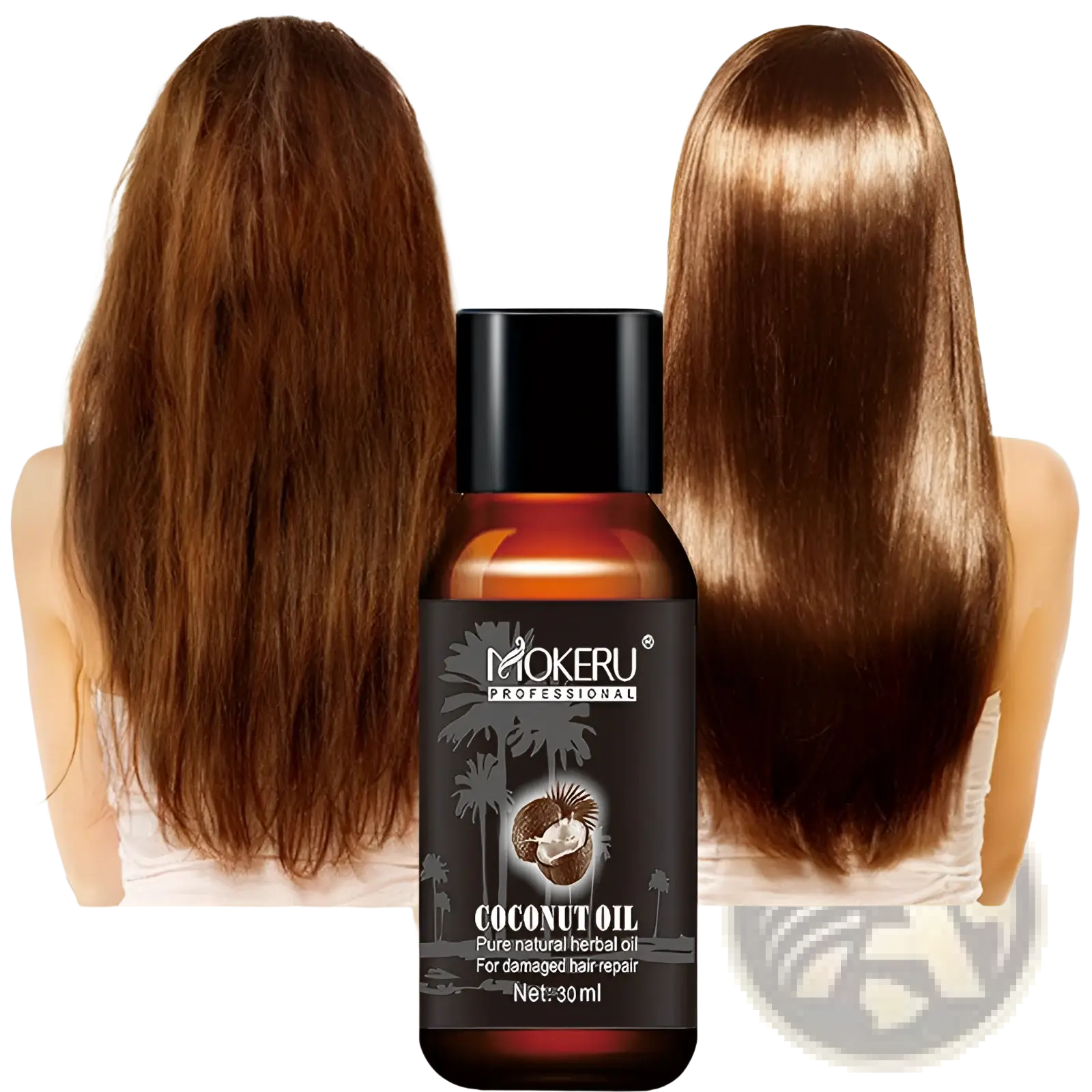 A sleek amber glass bottle of mokeru professional coconut oil hair repair serum for frizz and damage 30ml with black cap and label