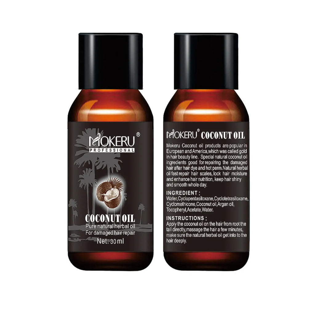 Two amber glass bottles of mokeru professional coconut oil hair repair serum with black caps and palm tree labels