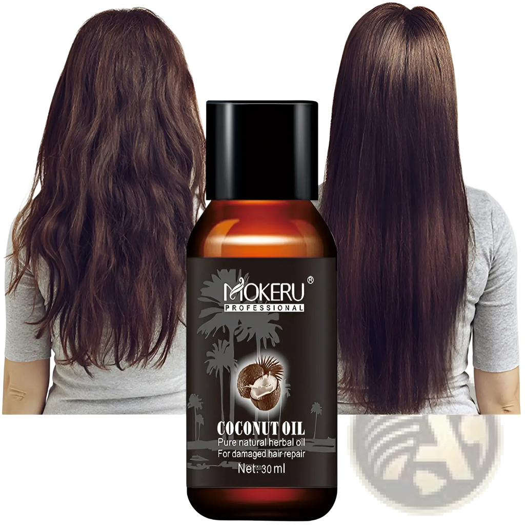 A sleek amber glass bottle with black cap and dark label of mokeru professional coconut oil hair repair serum for frizz and damage 30ml