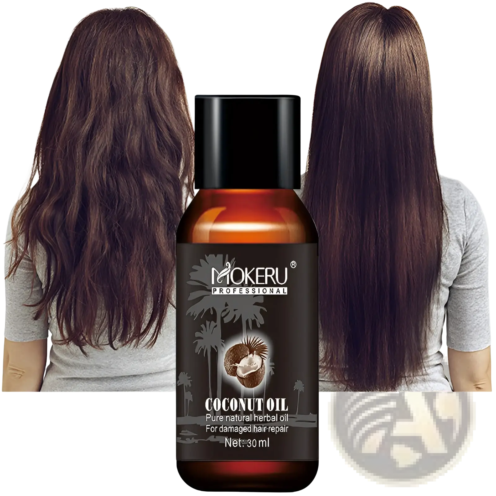 A sleek amber glass bottle with black cap and dark label of mokeru professional coconut oil hair repair serum for frizz and damage 30ml