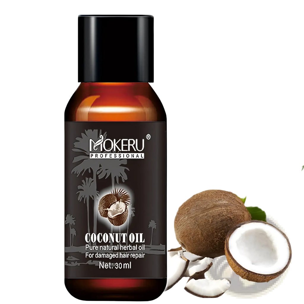 A dark amber glass bottle of Mokeru professional coconut oil hair repair serum for frizz and damage 30ml