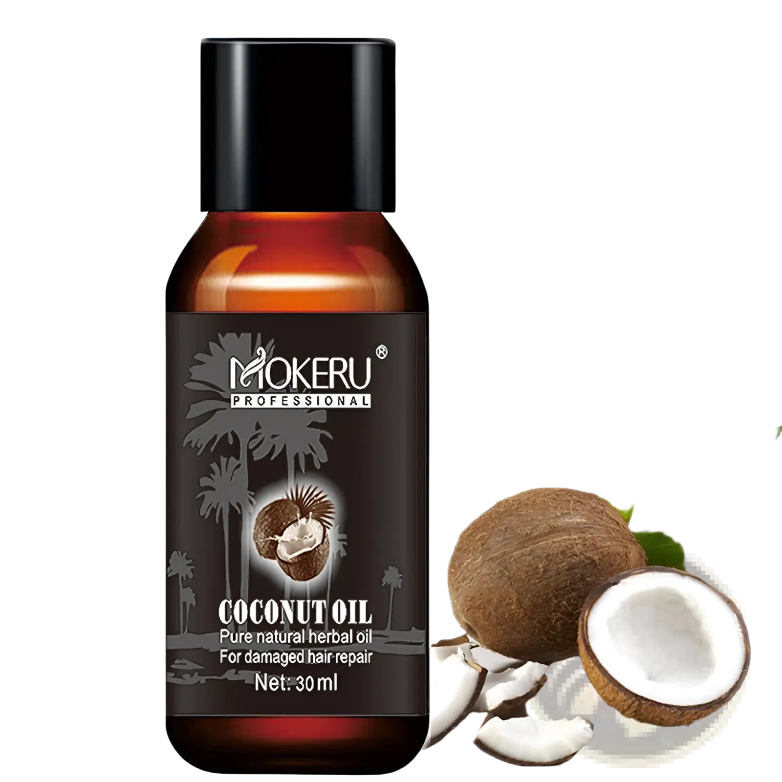 A dark amber glass bottle of Mokeru professional coconut oil hair repair serum for frizz and damage 30ml