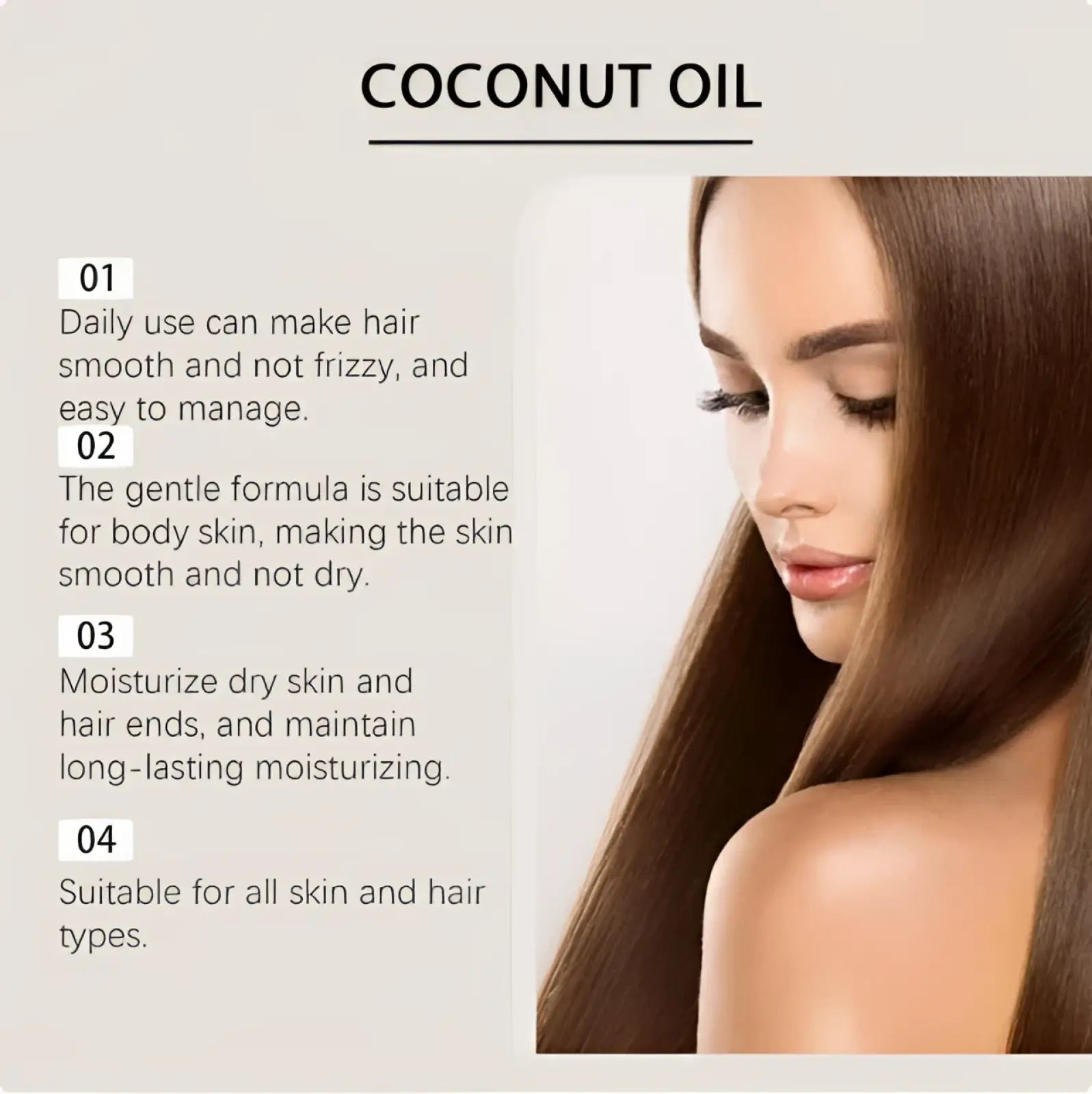 Coconut oil hair treatment in a clear bottle with white cap for repair and smoothing of hair and skin