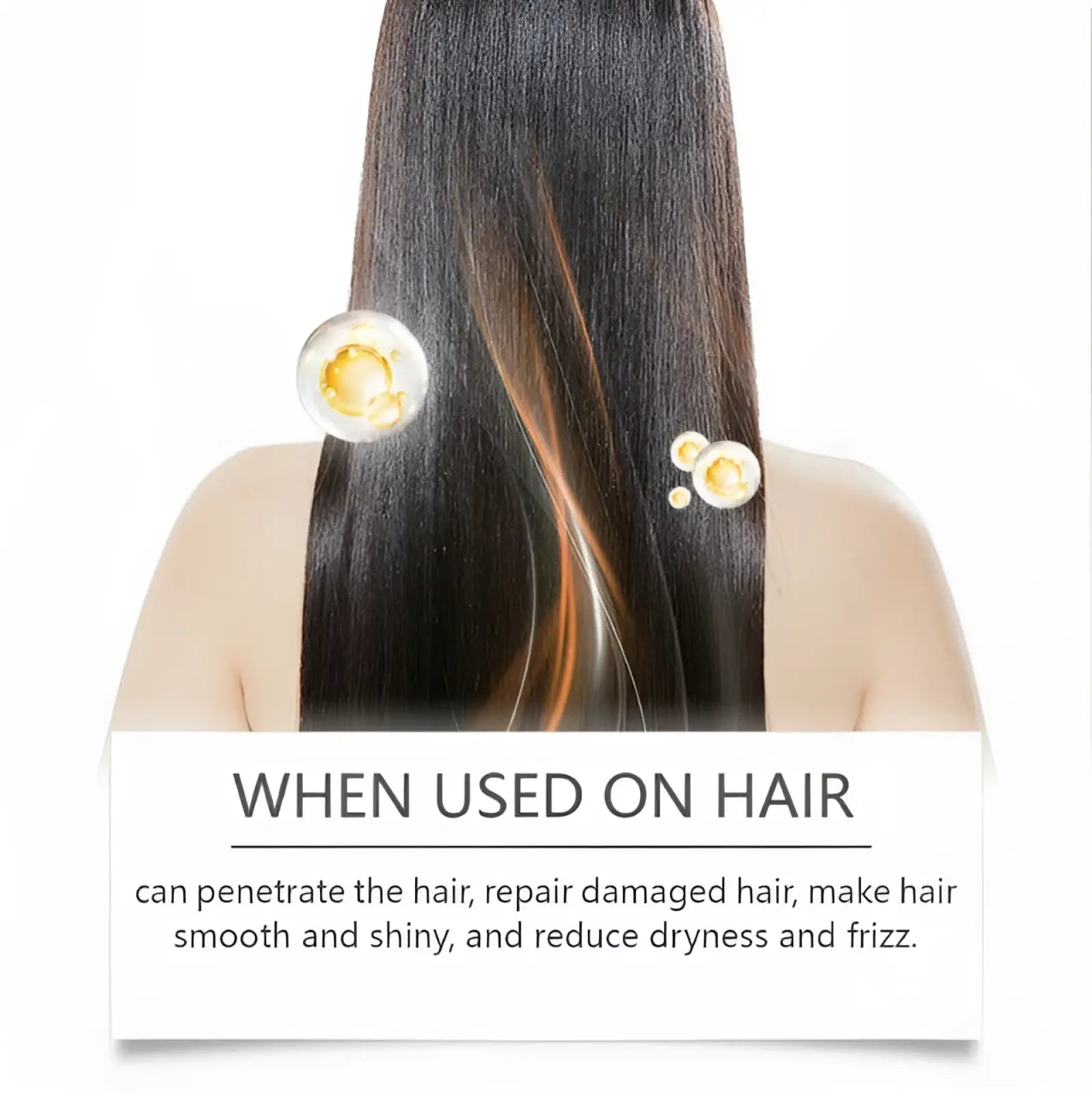 A sleek dark brown coconut oil hair treatment with golden droplets illustrating its formula for repair and smoothing