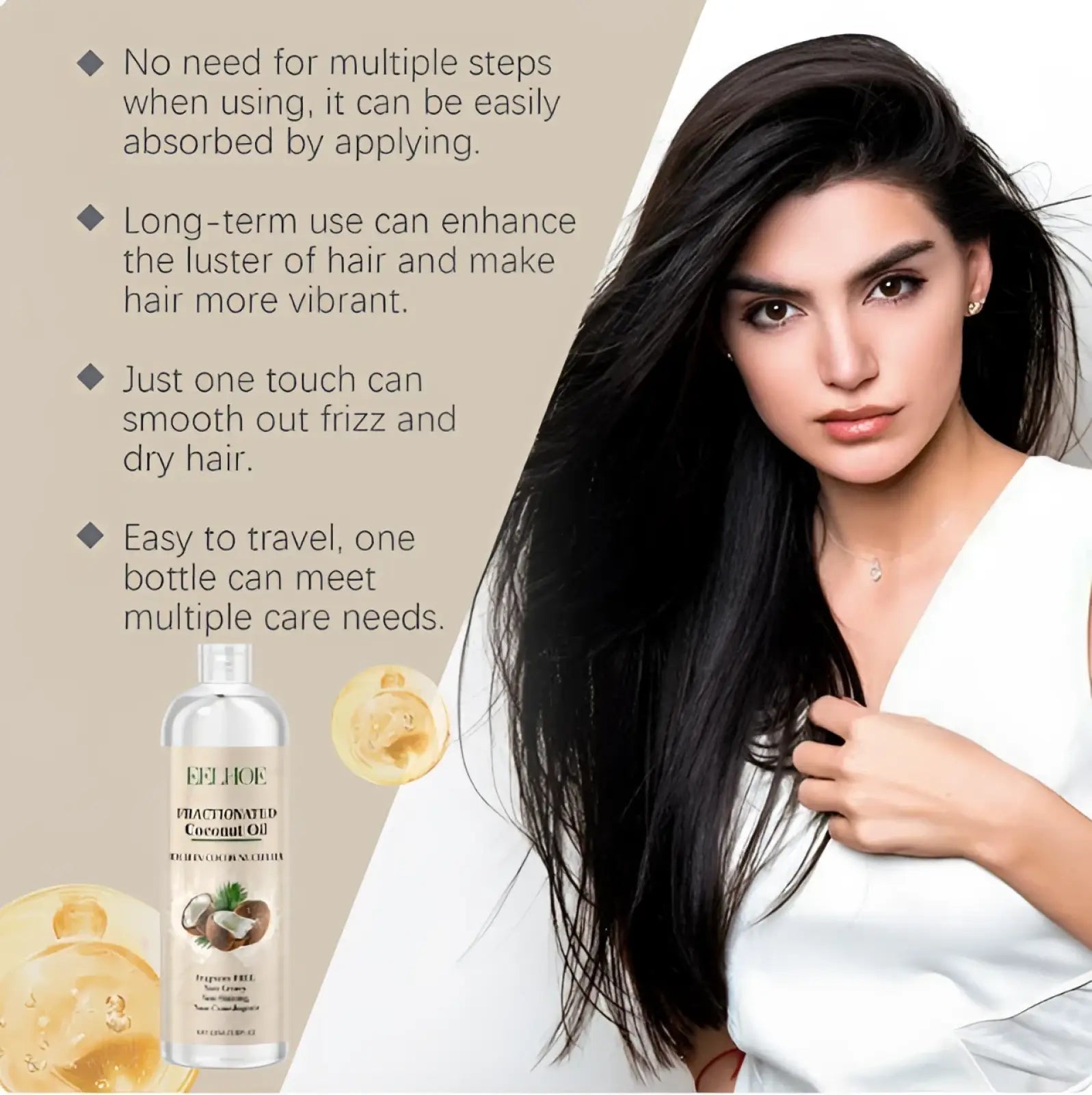 A sleek silver bottle of eeljoe fractionated coconut oil for coconut oil hair treatment repair and smoothing