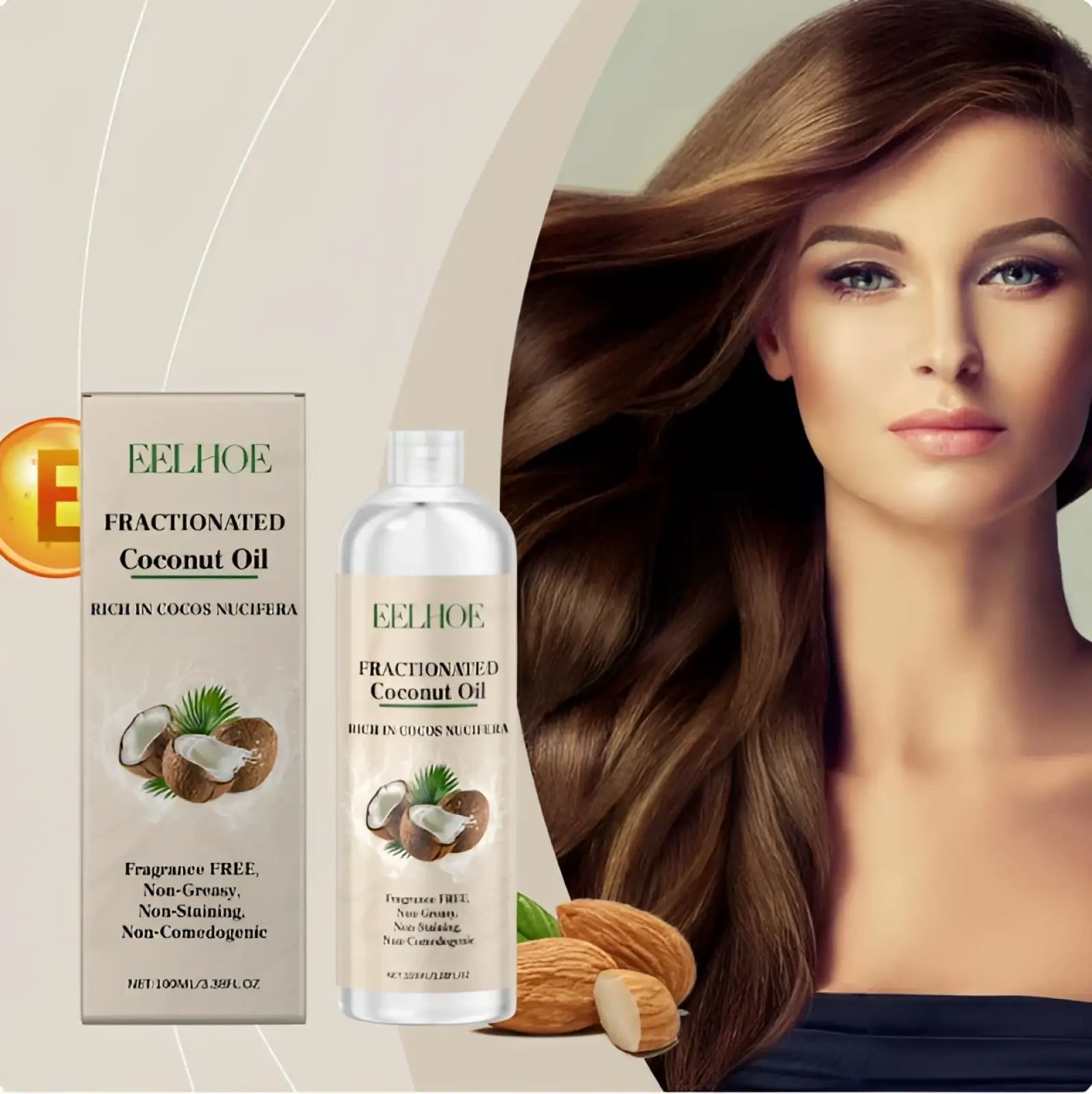 Clear plastic bottle of eelhoe fractionated coconut oil with white label and pump for coconut oil hair treatment repair and smoothing