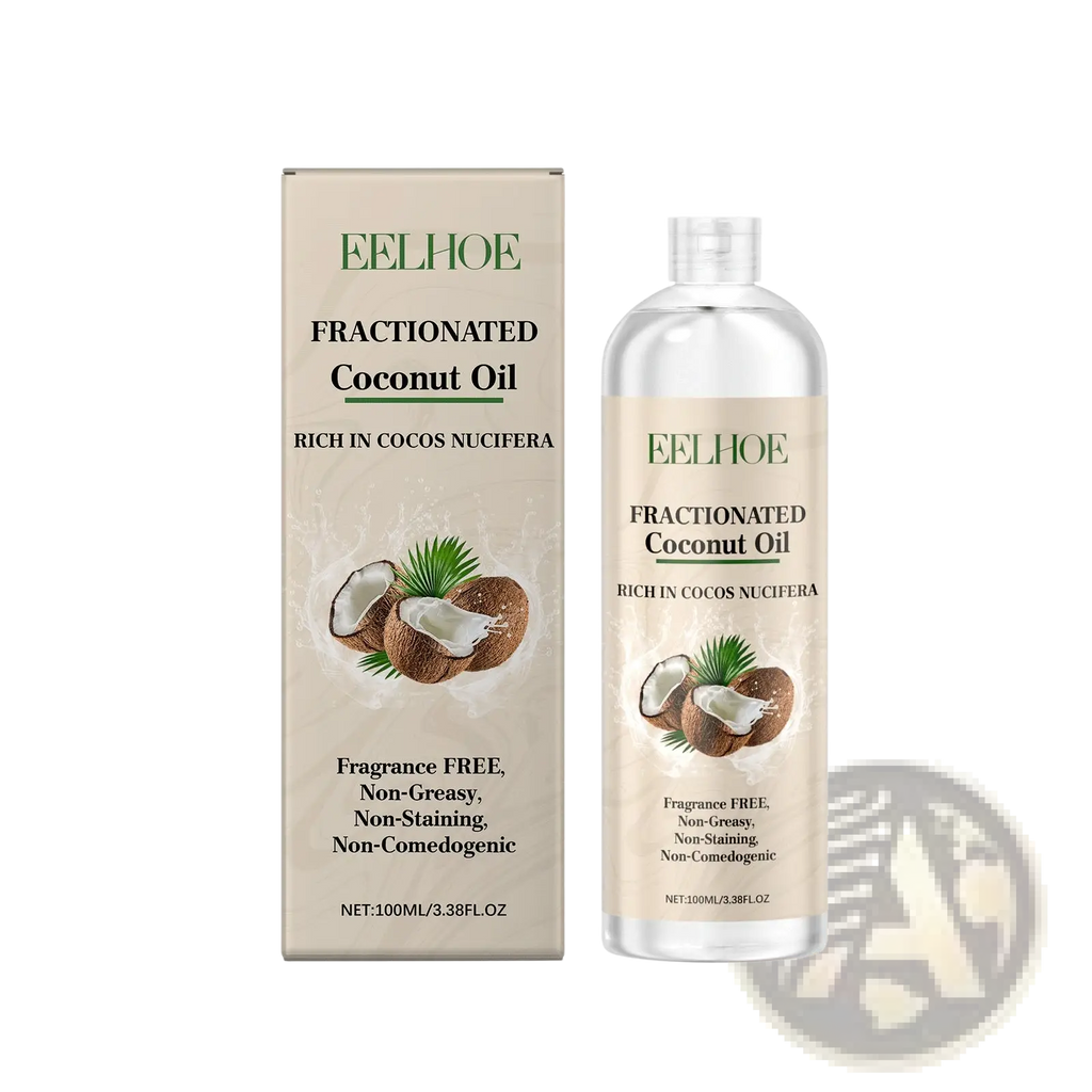Clear plastic bottle of fractionated coconut oil with beige label and green text alongside matching box for hair repair and smoothing