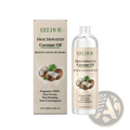 Clear plastic bottle of fractionated coconut oil with beige label and green text alongside matching box for hair repair and smoothing