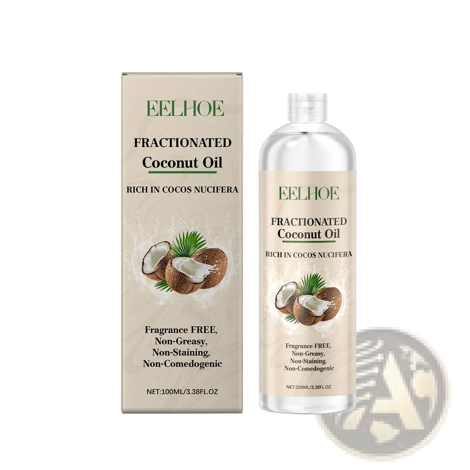 Clear plastic bottle of fractionated coconut oil with beige label and green text alongside matching box for hair repair and smoothing
