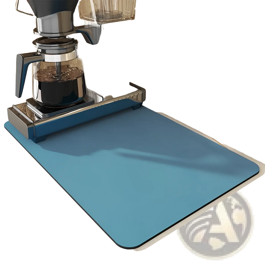 Blue rectangular super absorbent rubber coffee bar mat with rounded corners and black border for dish drying