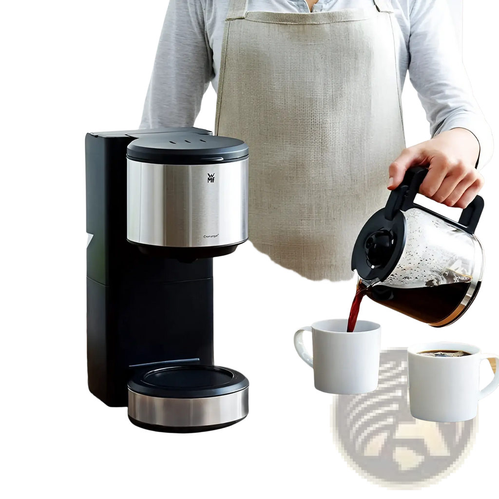 Black and stainless steel miele coffee maker on a coffee bar mat super absorbent rubber dish drying pad