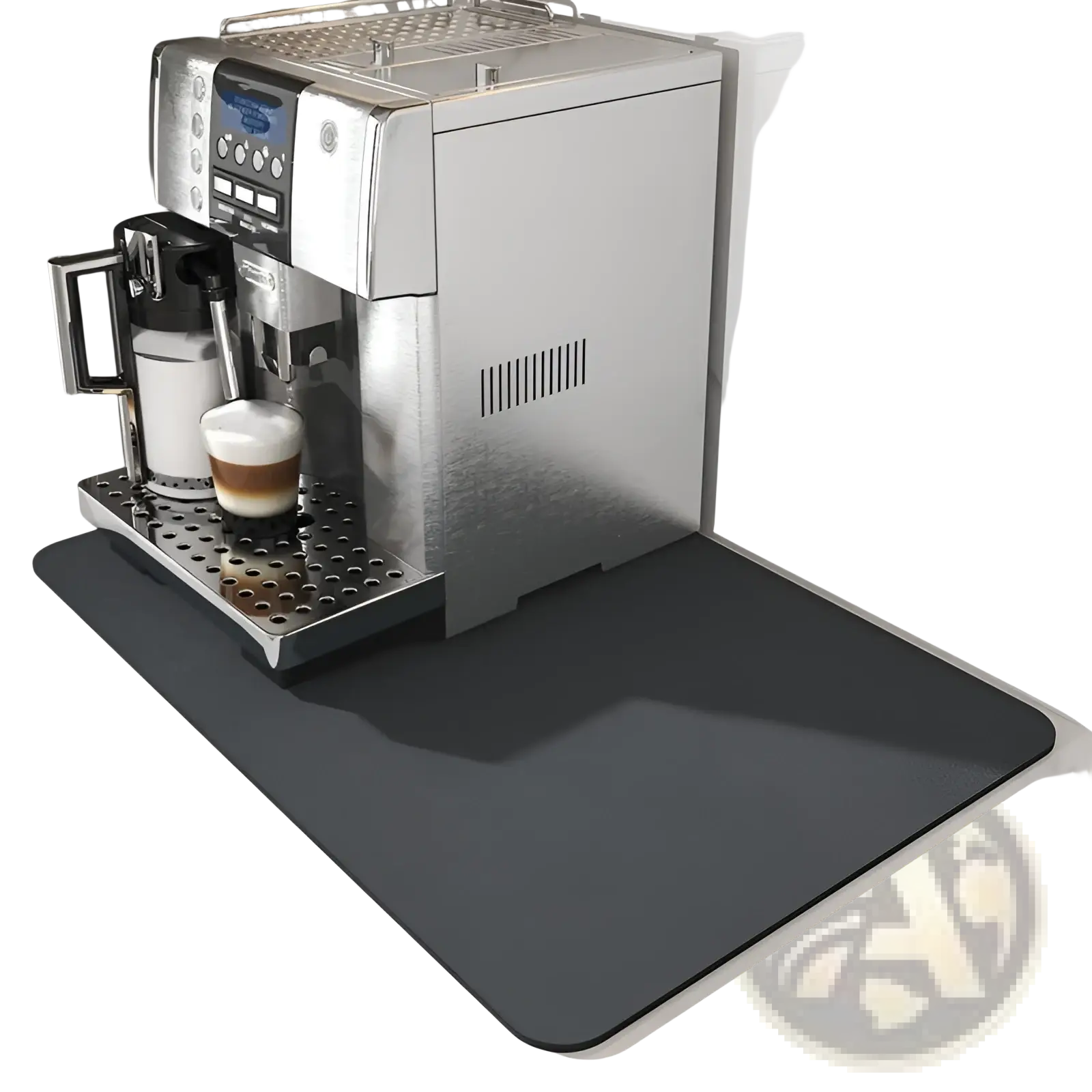 Black rubber coffee bar mat with super absorbent design placed under a coffee machine for drying dishes