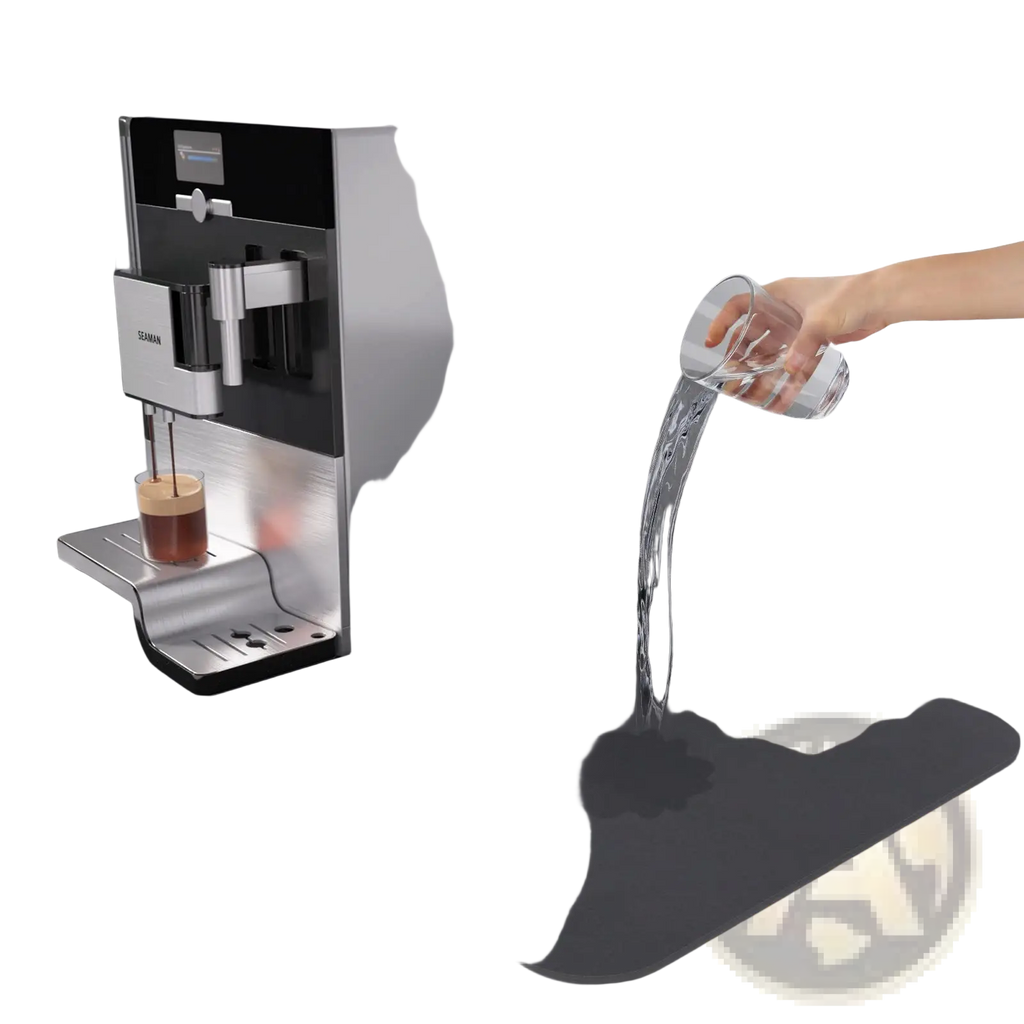 Silver and black Gaggia espresso machine on a coffee bar mat super absorbent rubber dish drying pad