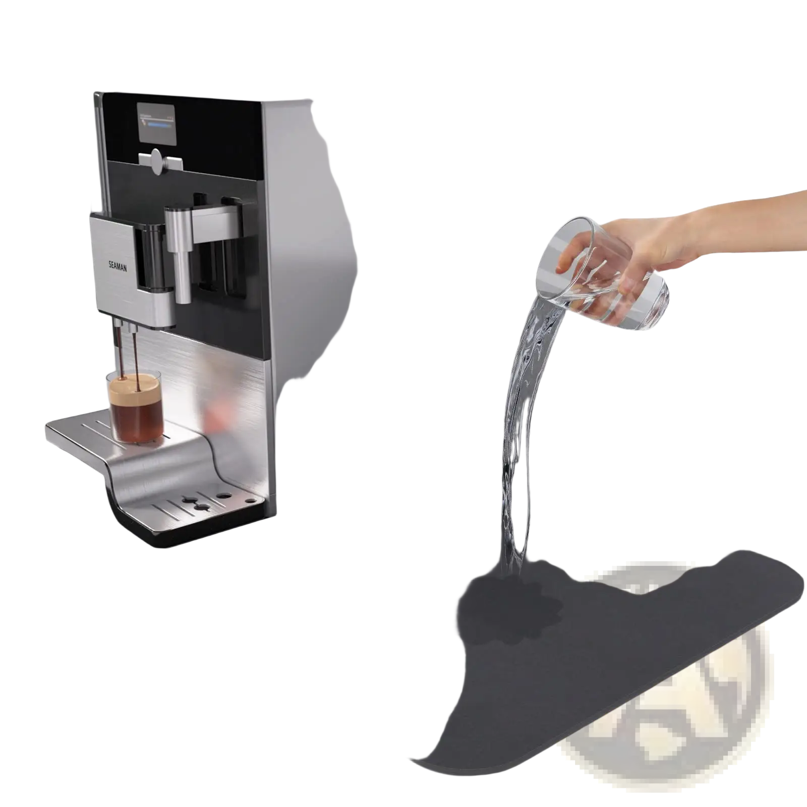 Silver and black Gaggia espresso machine on a coffee bar mat super absorbent rubber dish drying pad
