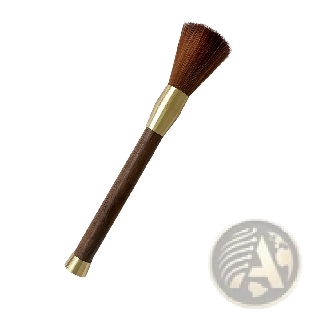 Coffee grinder cleaning brush with ebony wood handle, brass ferrule and cap, and dense brown bristles