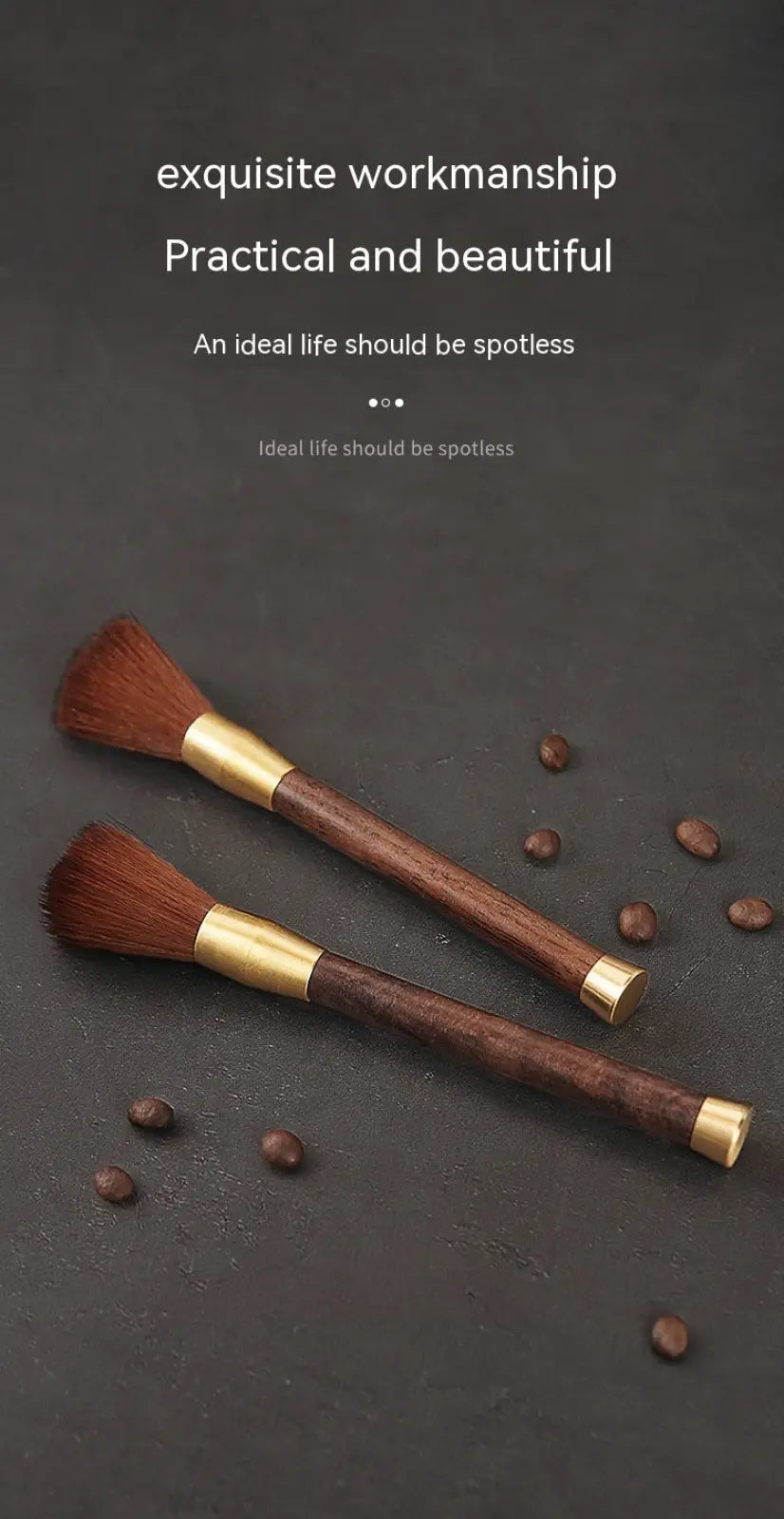 Two elegant wooden-handled coffee grinder cleaning brushes with gold-toned metal accents and dense brown bristles