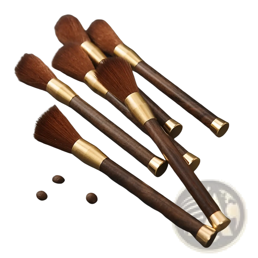 Set of five coffee grinder cleaning brushes with dark wood handles brass accents and rich brown bristles on textured surface