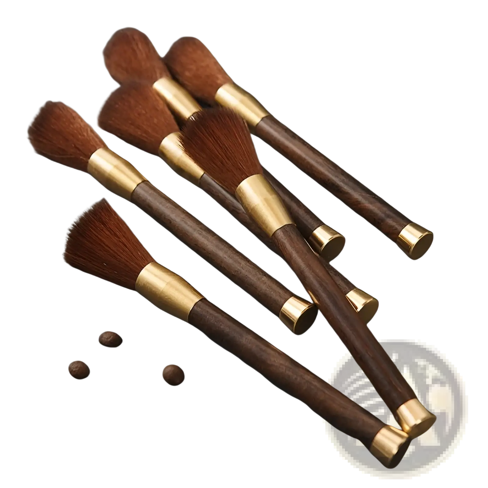 Set of five coffee grinder cleaning brushes with dark wood handles brass accents and rich brown bristles on textured surface