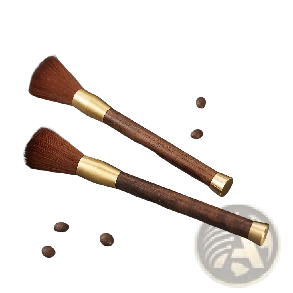 Two coffee grinder cleaning brushes with dark brown wooden handles brass metal accents and soft artificial bristles