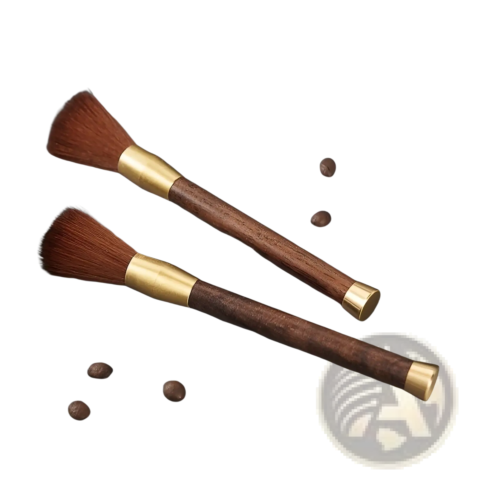 Two coffee grinder cleaning brushes with dark brown wooden handles brass metal accents and soft artificial bristles