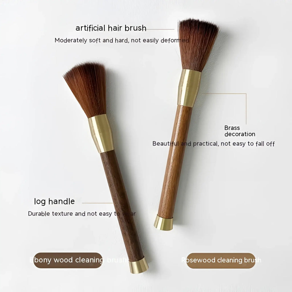 Two coffee grinder cleaning brushes with wooden log handles brass decorations labeled bony wood and rosewood wood brushes